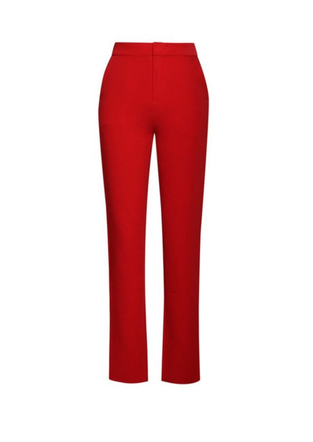 CAROLINA red skinny fit crepe pants, high-rise waist, straight leg, luxe feel.