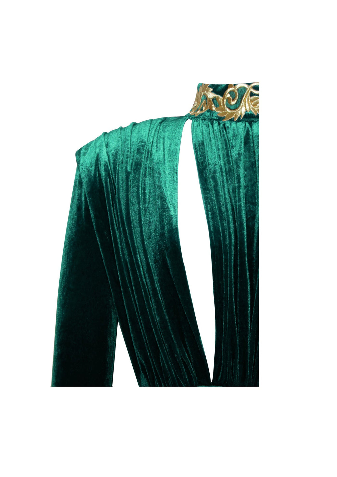 Emerald green long sleeve velvet gown with teardrop cut-out and gathered details.