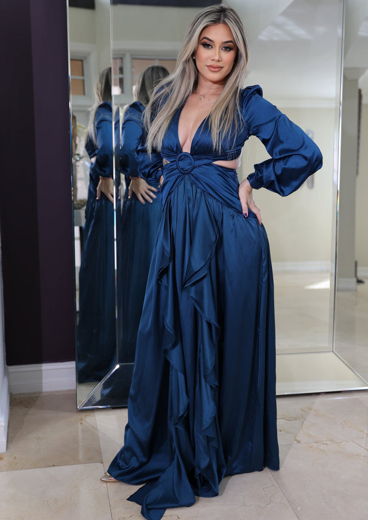 BLUE SAPPHIRE Satin Maxi Dress with Cut Out Long Sleeves BLUE SAPPHIRE Satin Maxi Dress with Cut Out Long Sleeves