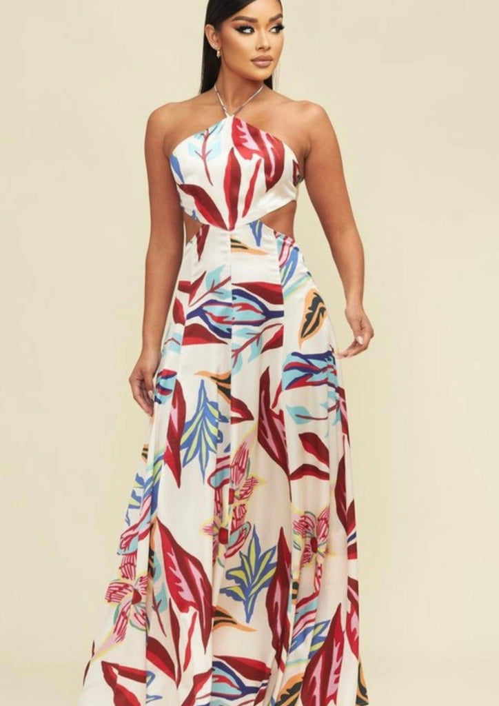 LIZBETH FLORAL Halter Neck Maxi Dress with Cut Out Design M / US 6-8 LIZBETH FLORAL Halter Neck Maxi Dress with Cut Out Design M / US 6-8