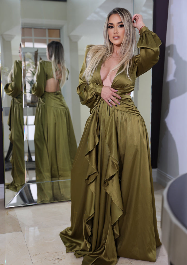 GREEN OLIVE Cut Out Long Sleeve Maxi Dress - MYKONOS GREEN OLIVE Cut Out Long Sleeve Maxi Dress - MYKONOS