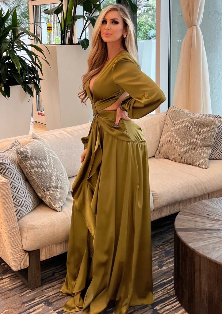 GREEN OLIVE Cut Out Long Sleeve Maxi Dress - MYKONOS GREEN OLIVE Cut Out Long Sleeve Maxi Dress - MYKONOS