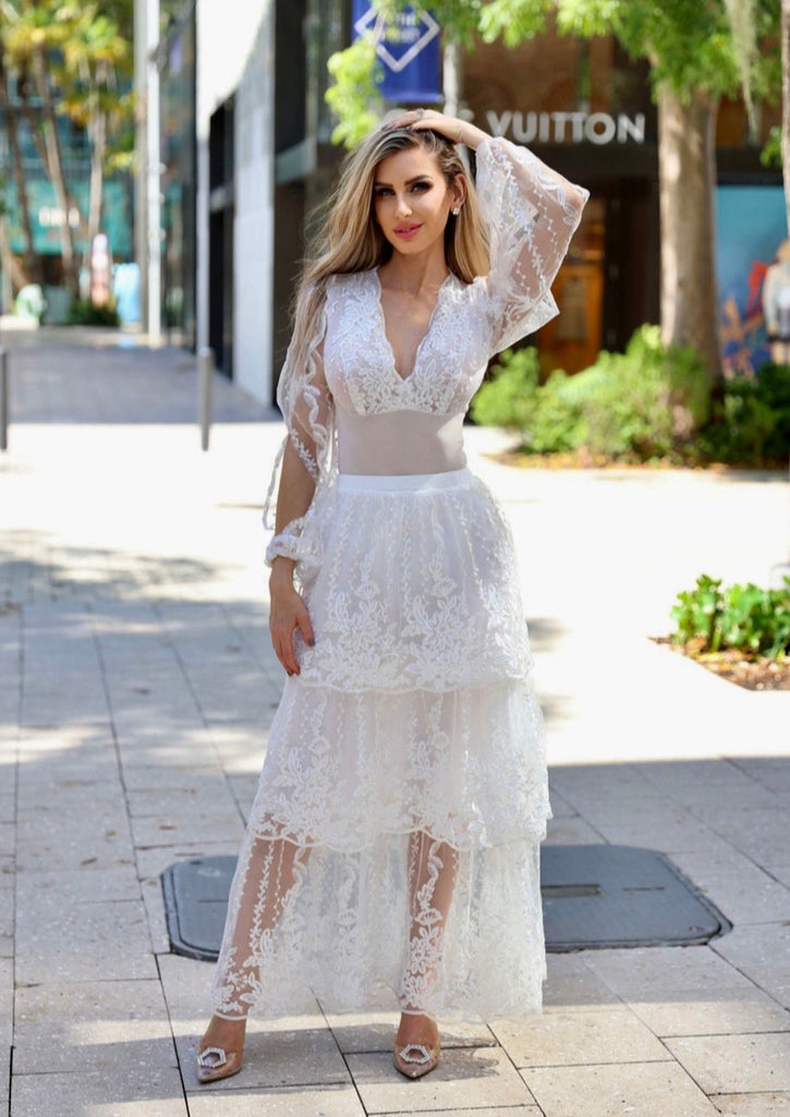 "ODETTE" WHITE 2-PIECE LONG SLEEVE LACE BODY SUIT & SKIRT