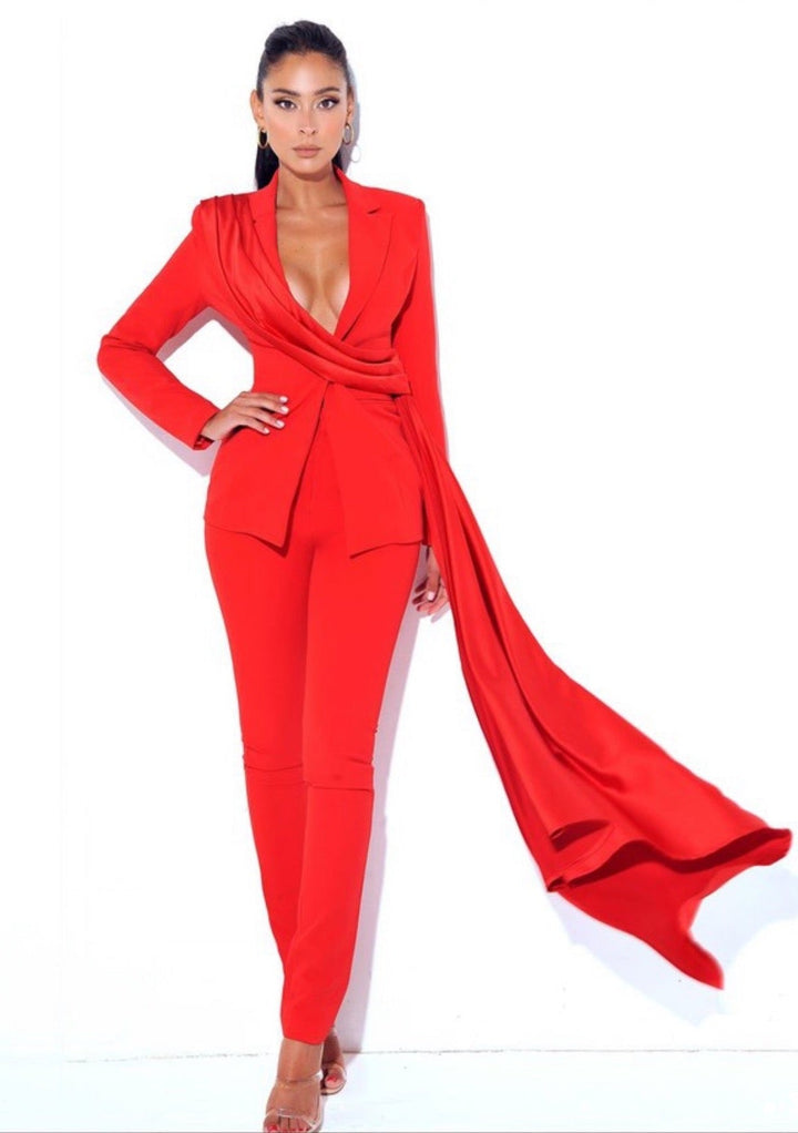 CAROLINA Red Skinny Fit Crepe Pants, high-rise, tailored, chic office wear.