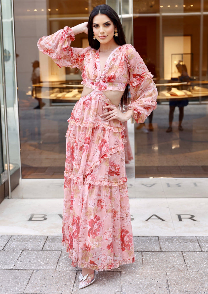 Nancy Floral Chiffon Cut Out Long Sleeve Maxi Dress L / US 10-12 Nancy Floral Chiffon Cut Out Long Sleeve Maxi Dress L / US 10-12