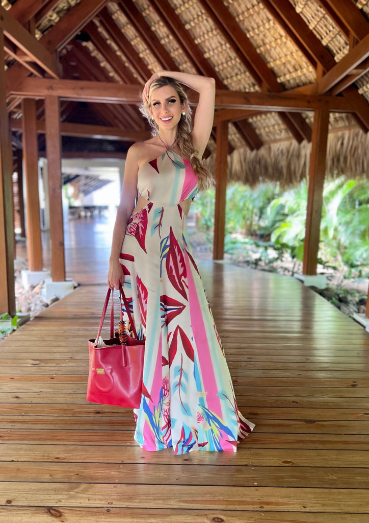 LIZBETH FLORAL Halter Neck Maxi Dress with Cut Out Design LIZBETH FLORAL Halter Neck Maxi Dress with Cut Out Design