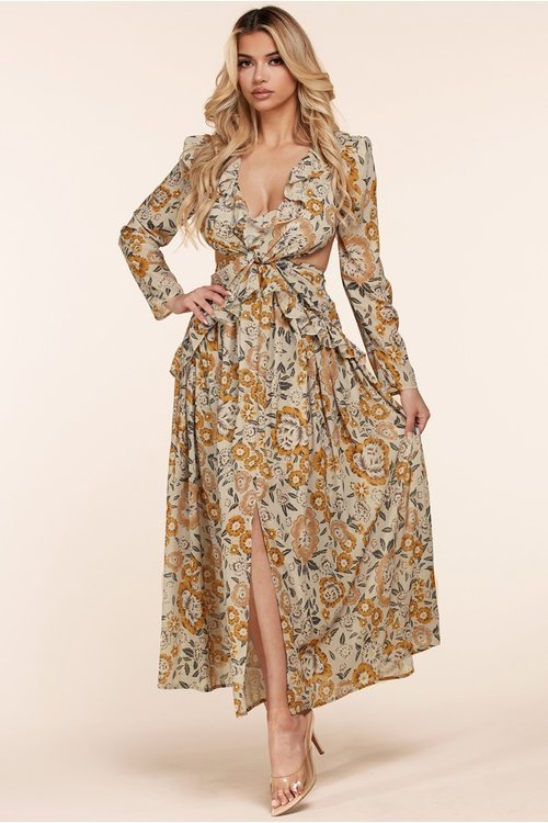 Fall Flower Print Cutout Long Sleeve Maxi Dress - Stylish & Trendy M / US 6-8 Fall Flower Print Cutout Long Sleeve Maxi Dress - Stylish & Trendy M / US 6-8