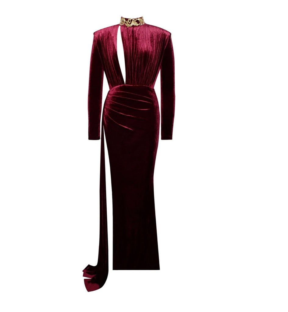 LONG SLEEVE Velvet Gown - Elegant Burgundy High Slit Dress LONG SLEEVE Velvet Gown - Elegant Burgundy High Slit Dress