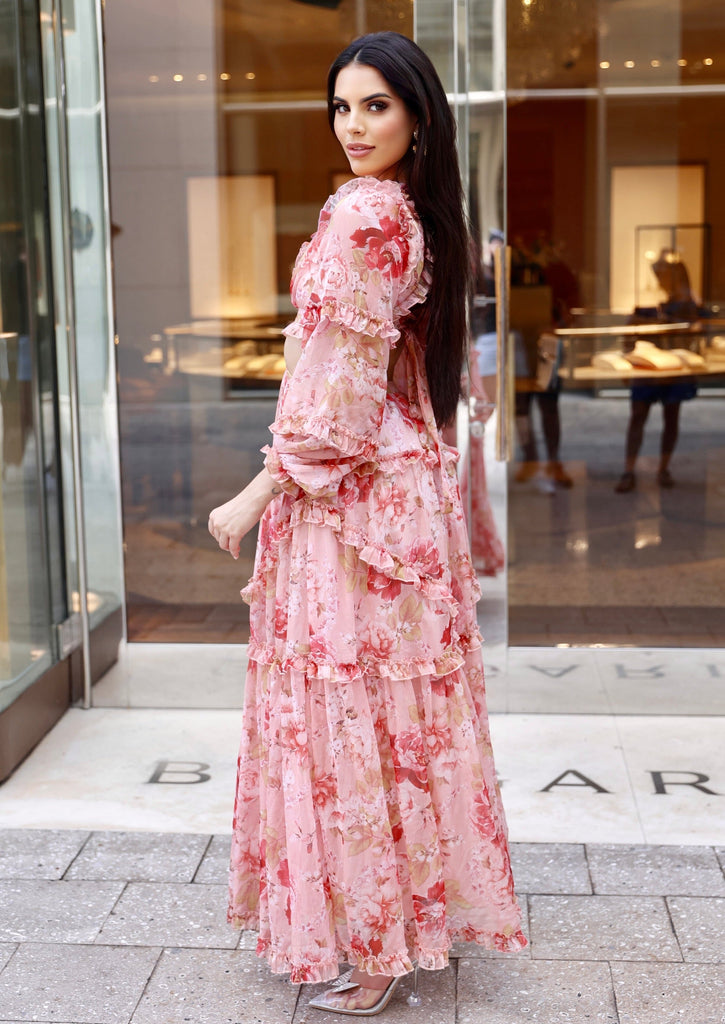 Nancy Floral Chiffon Cut Out Long Sleeve Maxi Dress L / US 10-12 Nancy Floral Chiffon Cut Out Long Sleeve Maxi Dress L / US 10-12