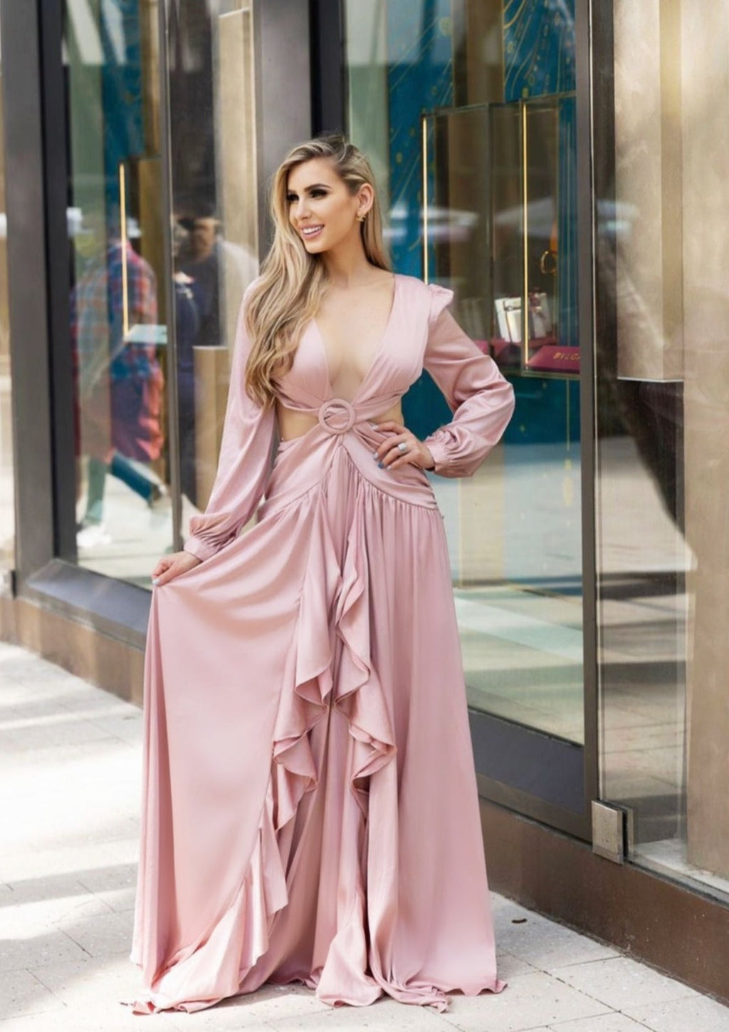 PINK ROSE Cut Out Long Sleeve Maxi Dress - Silky Blush Satin PINK ROSE Cut Out Long Sleeve Maxi Dress - Silky Blush Satin