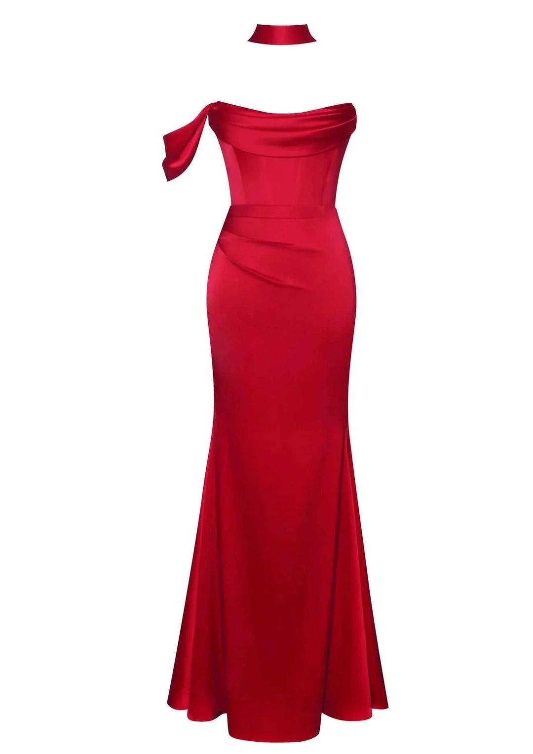 Ariane red halter neck double duchess satin gown, elegant and floor-length, made from high-quality satin.
