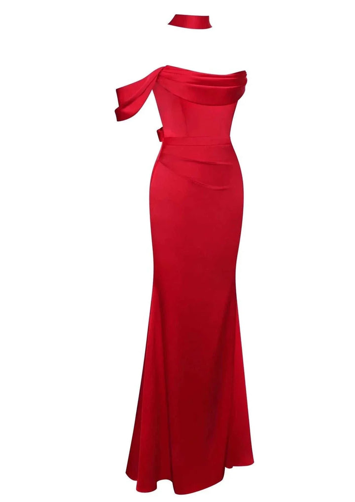 ARIANE red halter neck double duchess satin gown, elegant evening wear.